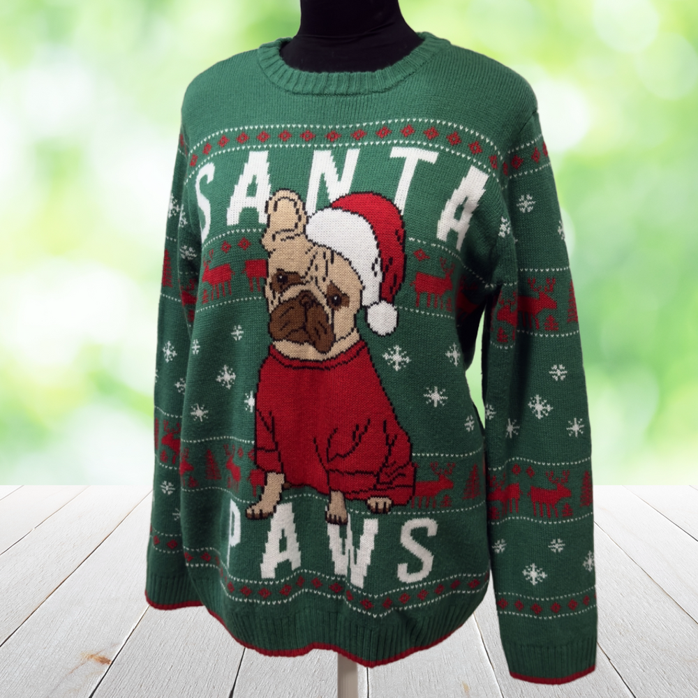 HOLIDAY TIME Santa Paws Christmas Sweater Womens 2XL Pug Dog Pullover Ugly Xmas